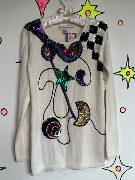 80s Pop Art Sweater Avant Garde Beaded Wearable Art Ramie Cotton Knit S