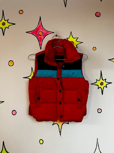 Vintage 70s 80s Retro Cherry Red Striped Puffer Vest - Quilted - Sporty - XS
