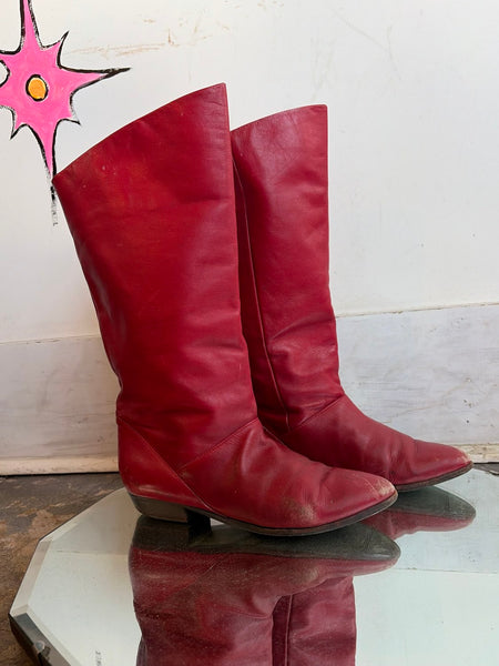 Vintage 80s Cherry Red Leather Boots Classic Riding Western Boots Rocker Glam 7
