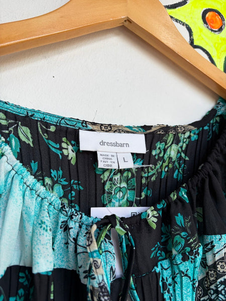 Pastel Turquoise Pleated Ruffled Floral Blouse Whimsy Fairy Soft Grunge Top L