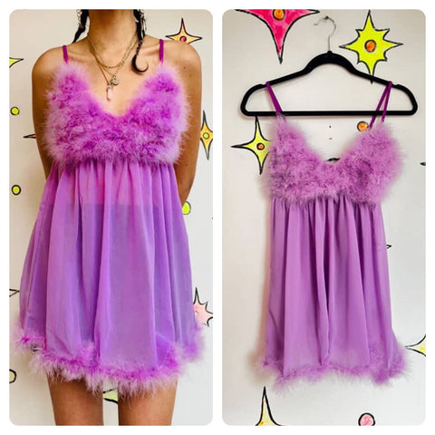 90's Pastel Lavender Ostrich Feather Nylon Mesh Peignoir Babydoll | Size L