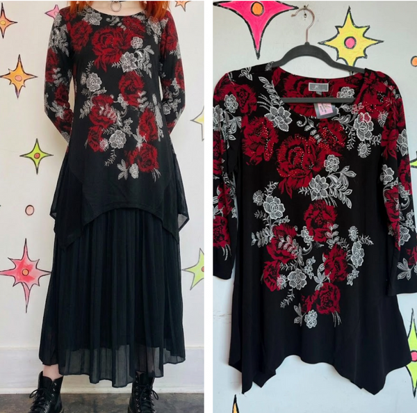 90s Y2K Tattoo McBling Whimsy Goth Grunge Vamp Romantic Stretch Top Blouse ML