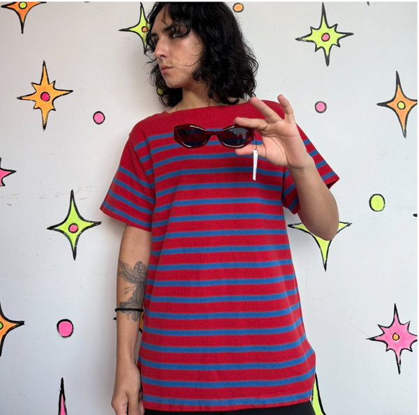 Vintage Mariner Shirt 70s 80s Nautical Striped Tee Red Navy Blue Retro Sailor ML