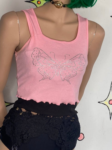 Y2K Pastel Pink Rhinestone Butterfly Top McBling Baby Tee Fairy Grunge S
