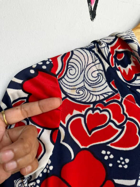 Vintage 60s Navy Red White Psychedelic Print Micro Mini Dress Mod Space Age - XS