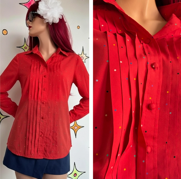 Cherry Red Retro Secretary Blouse Rainbow Polka Dots Pride Academia Kawaii L