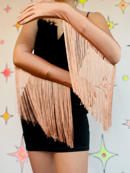 Vintage Western Glam Satin Fringe Opera Gloves Gold Peach S/M