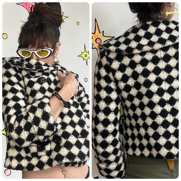 Y2K Black & White Vegan Fur Crop Coat Harlequin Clowncore Glam 60s Style - S