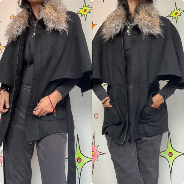 Vintage | Donna Solyers Gray Belted Wool Cape Coat with Faux Fur Trim | Small