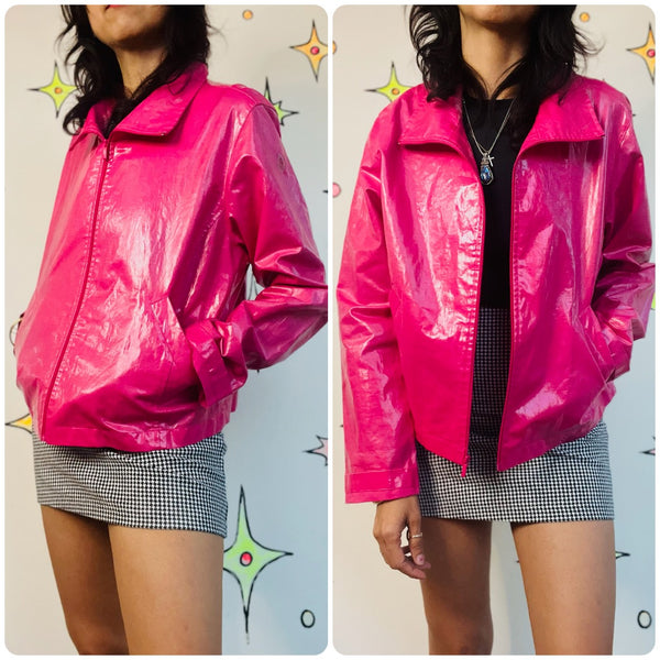 Vintage Pink Glossy Vinyl Zip-Up Barbie Moto Jacket | 90s Plastic Coat | L