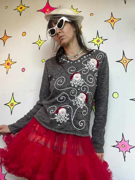 Vintage Santa Christmas Sweater | Ugly Tacky Beaded Holiday Pullover Small
