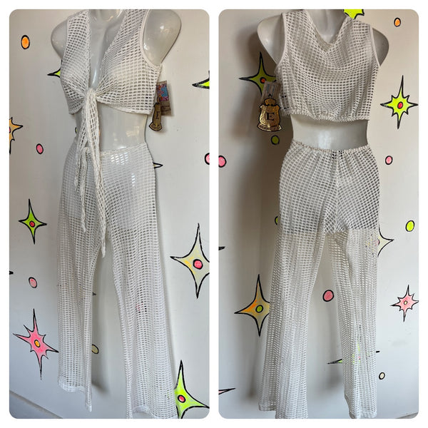 Vintage 90s | Deadstock White Mesh Halter and Low Rise Flares 2 Piece Set | S