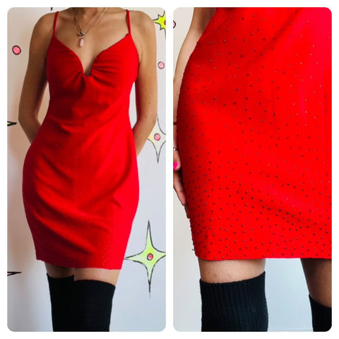 Vintage 90s Y2K | Cherry Red Sparkle Beaded Mini Slip Party Dress | Size 11 - 12