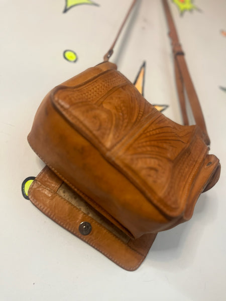 Vintage 70s Tooled Leather Boho Western Satchel | Floral Hippie Crossbody Bag