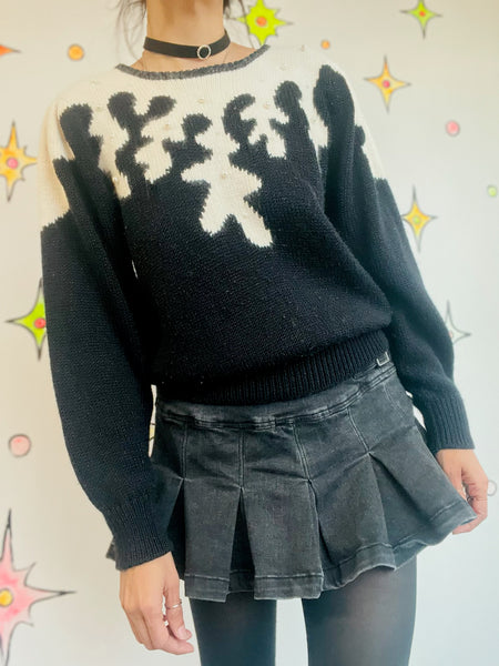 Vintage 80s Black Fuzzy Sweater Beaded Pearls | Whimsy Goth Cute Pullover M