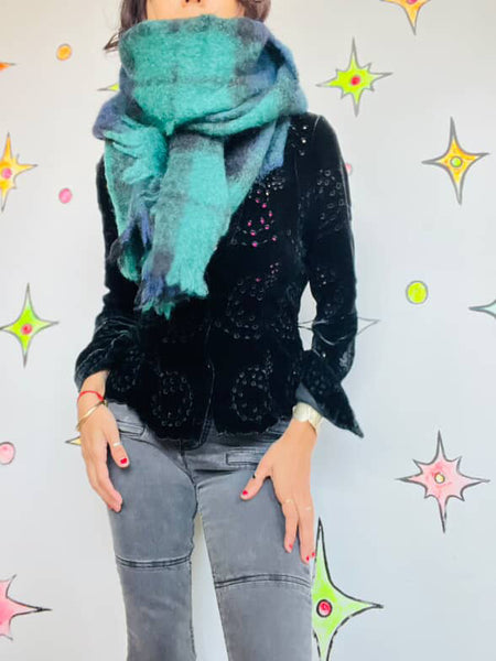 Vintage Fuzzy Tartan Scarf Navy & Green Emo Grunge Mohair Wool Oversized Wrap