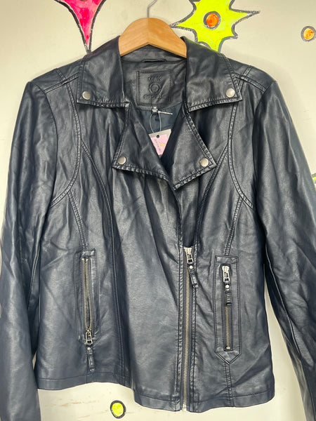 Vintage Y2K Navy Vegan Leather Moto Jacket Glam Grunge Rocker - M