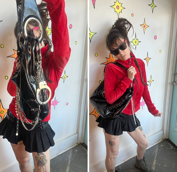 Black Patent Leather Bag Y2K Trashy Chic McBling Moto Glam Chain Handcuff Purse