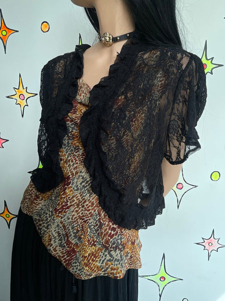 Black Lace Shrug Blouse Romantic Fairy Grunge Gothic Top Boudoir Sheer Cardigan