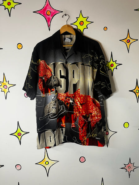 Vintage Urban Collage Print Button Up Street Style Graffiti Art Party Shirt XL