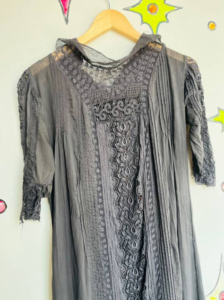 Antique Cotton Lingerie Dress - Late 1900s – Early 1910s Black Lace Goth
