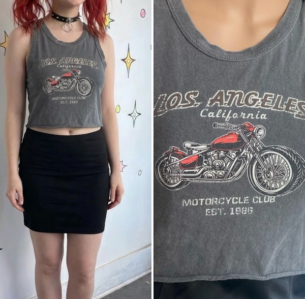 Y2K Moto Crop Top Bikercore Graphic Tee | Small | Edgy Streetwear Racer Style