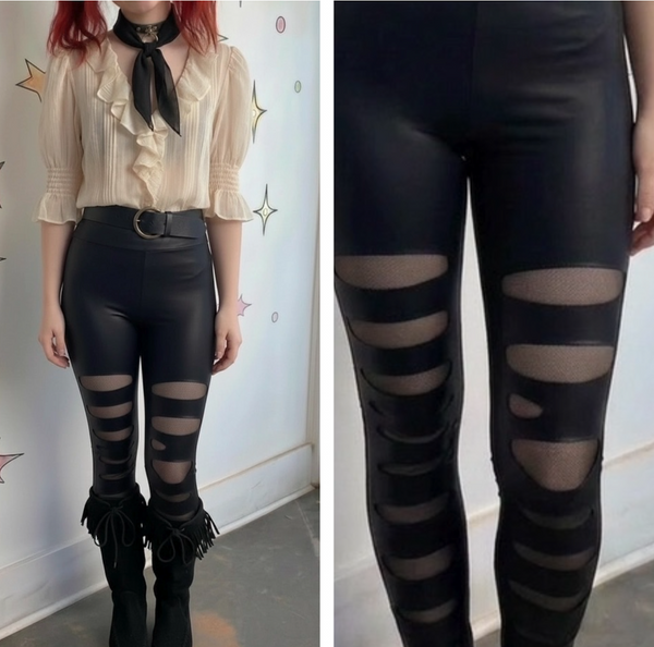 Y2K Black Vegan Leather Pants Thrashed Cyber Goth Punk High Rise Glam Leggings S