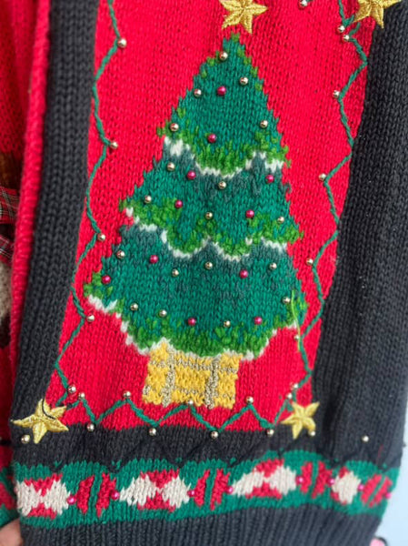 Vintage 80s 90s Ugly Tacky Christmas Party Sweater Cardigan w Teddy Bear M/L