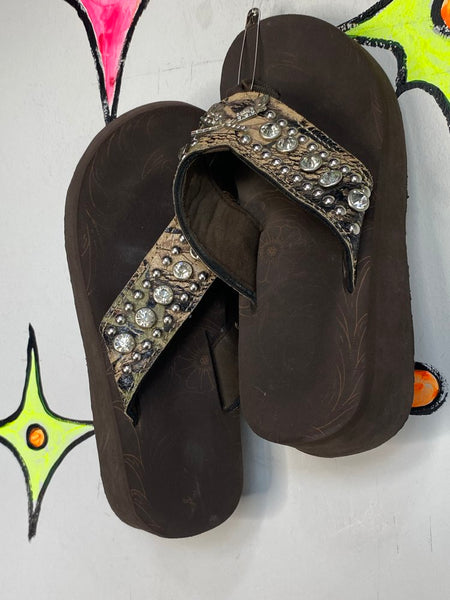 Y2K Rhinestone Vegan Snakeskin Platform Flip Flops Indie Sleaze McBling Sandal 7