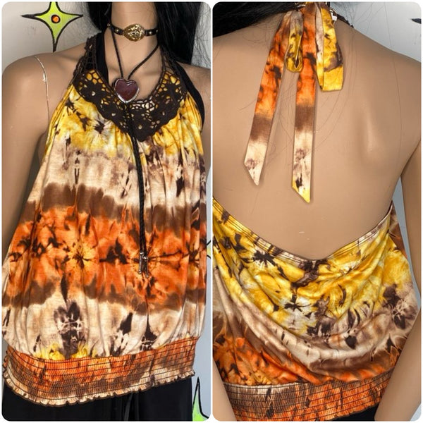 Y2K Earthtone Tie Dye Crochet Halter Top | Boho Fairy Grunge Stretch Tank – XL