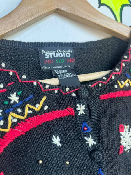 Vintage 80s 90s Black Ugly Tacky Christmas Sweater Cardigan Santa & Snowman – M