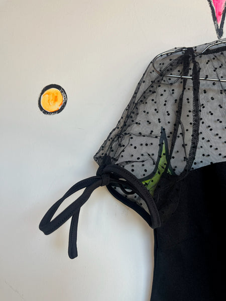 Y2K Black Lace Cropped Blouse – Babydoll Bow Neck Top – Goth Grunge Coquette – L