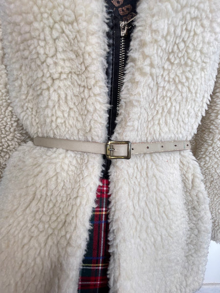 Vintage Off White Sherpa Jacket Cozy Fleece Zip Front Belted Grunge Jacket L