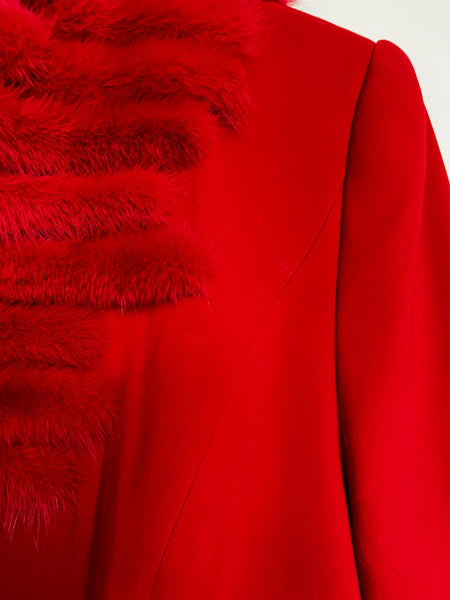 Vintage 80s Cherry Red Christmas Holiday Party Blazer – Glam Feather Trim XL+