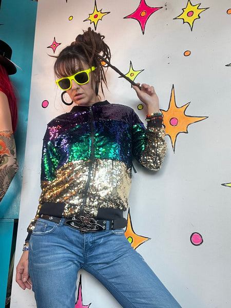 Vintage Sequin Bomber Jacket | Retro Mardi Gras Party Glam Maximalist M