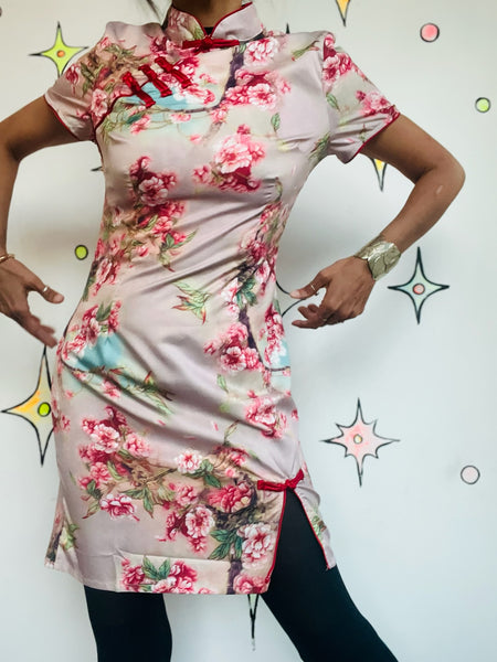 Pink Geisha Dress Cherry Blossom Floral Print Japanese Fairycore Grunge Mini SM