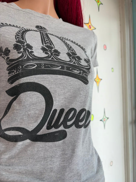 Y2K Gray Tattoo "Queen" Graphic Emo Glam Baby Tee Indie Sleaze Streetwear | S/M
