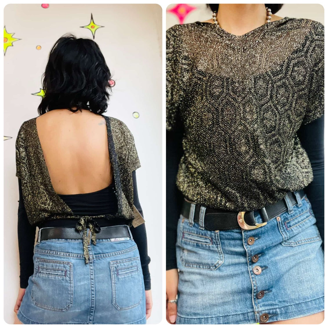 Vintage 70s Gold & Black Sparkle Disco Party Blouse Open Back – Made in Japan ML