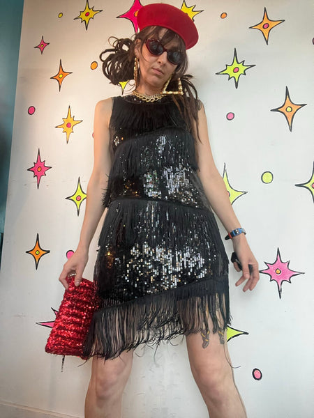 Black Sequin Fringe Flapper Dress 1920s Gatsby Party Dress Speakeasy Mini ML