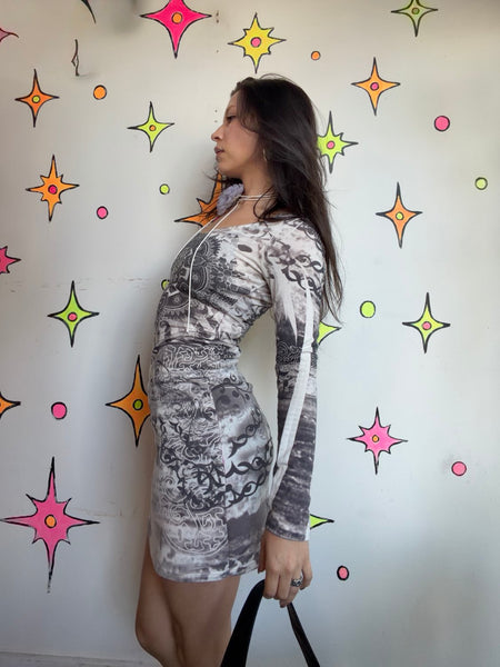 Y2K Crochet Back Tattoo Mini Dress - Indie Sleaze McBling Party Goth Bodycon S