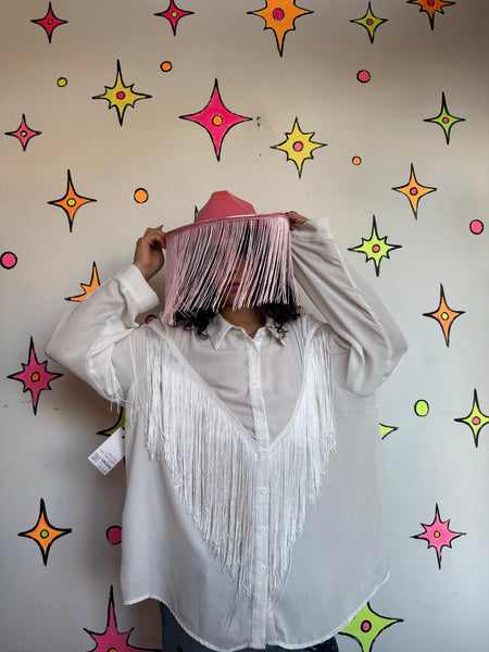 White Fringe Western Shirt | Cowboy Core Rodeo Fringe Button Up Oversized XL