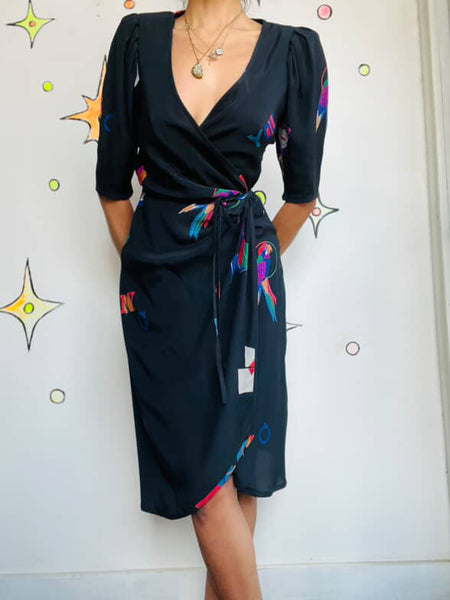 Vintage 1980s Emanuel Ungaro Silk Wrap Dress - Abstract Artwear - LBD - XS/S