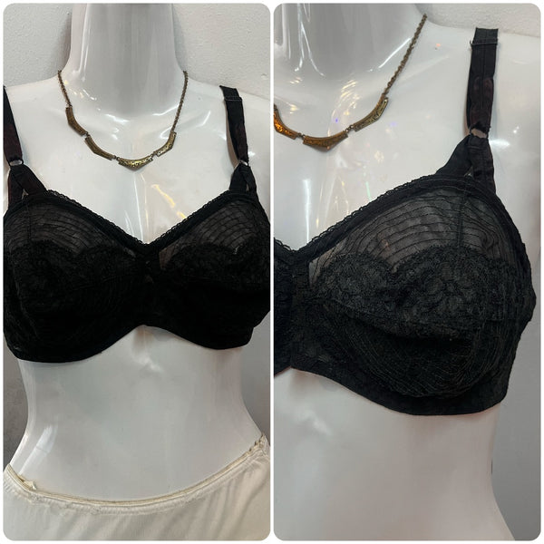 Vintage 1950s Bra | Black Bullet Bra Lace Goth Pin up Lingerie | 36C