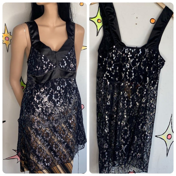 Black Metallic Lace Slip Dress | Whimsy Goth Fairy Grunge Sheer Lingerie Dress M