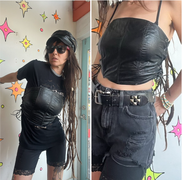 Y2K Black Vegan Leather Corset Top Goth Grunge Steampunk Lace Up Bustier M