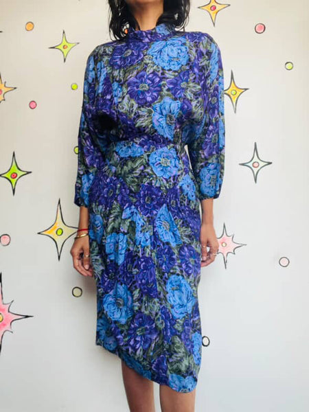 Vintage 1980s Purple Floral Batwing Secretary Dress - Boho Grunge Midi - Small