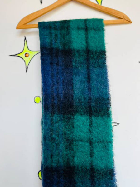 Vintage Fuzzy Tartan Scarf Navy & Green Emo Grunge Mohair Wool Oversized Wrap