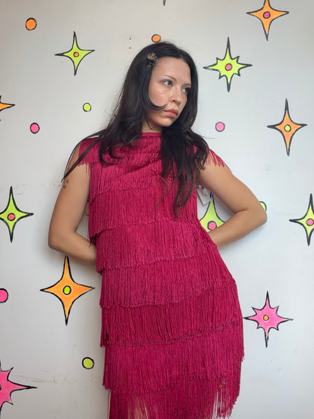 Raspberry Red Fringe Flapper Party Dress Roaring 20s / 60s Go-Go / Western M