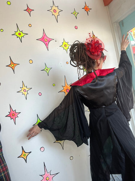 Vampire Cape with Stand Up Red Collar – Black Sheer Bat Sleeves Goth Cosplay XL