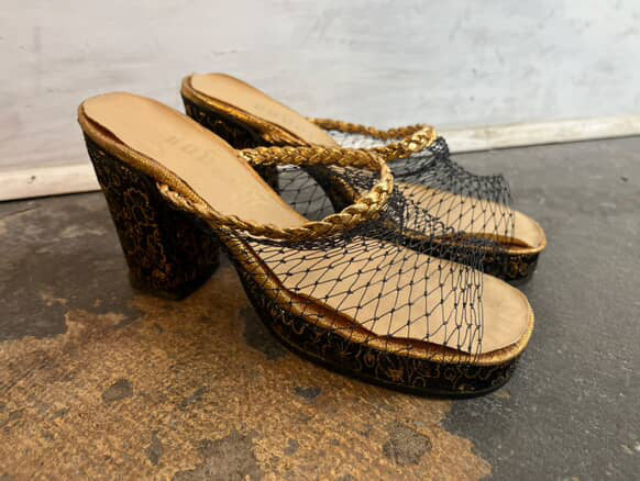 Vintage 40s Black Embellished Peeptoe Platform Heels - 40s Glam Shoes - 7 - 7.5